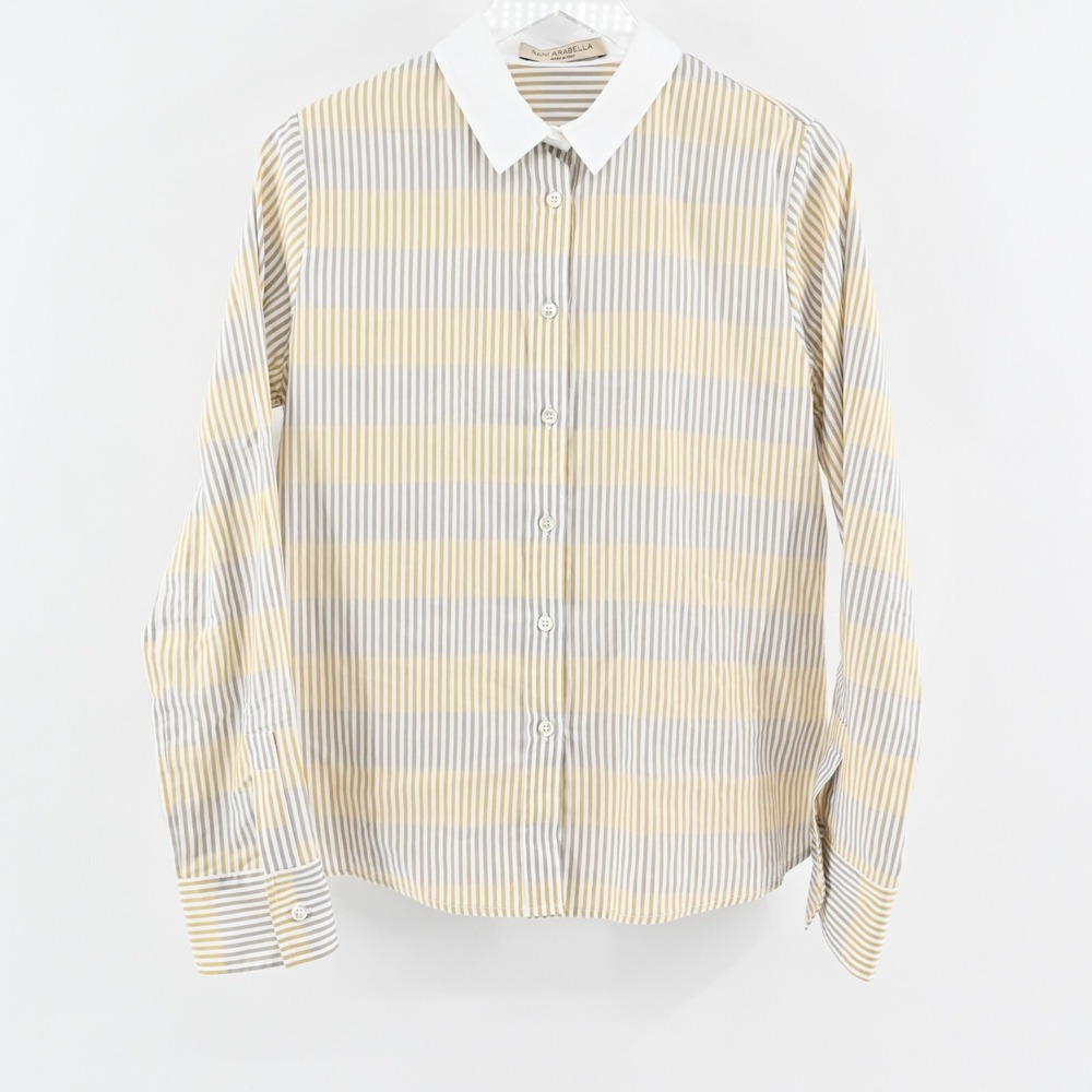 RANI ARABELLA Top Womens Sz L Yellow Tan Stripe Button Italy Cotton Quiet Luxury